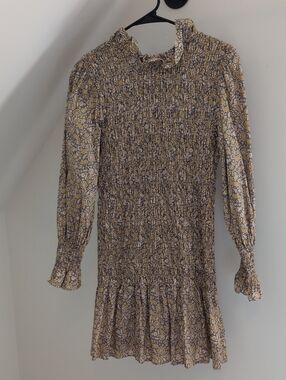 Liberty of London Yellow, Blue, Cream Smocked Long Sleeve Mini Dress